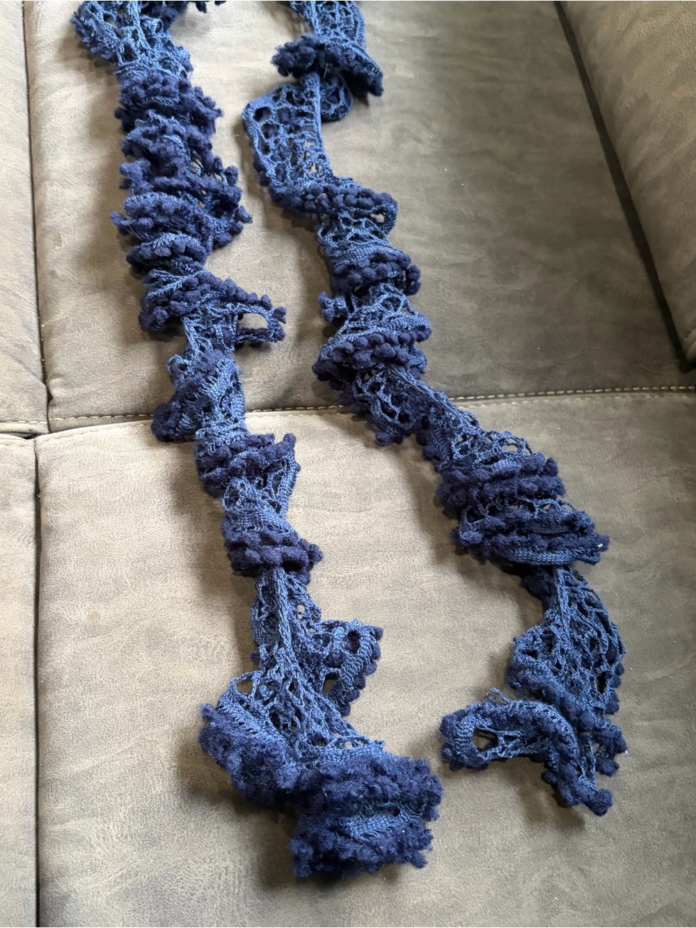 Handmade Navy Blue Ruffled Crochet Scarf - Picture 2 of 6